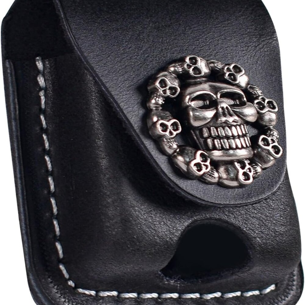 Leather Lighter Pouch Holder Case with Pocket Belt Loop Air Pods Skull Goth Punk